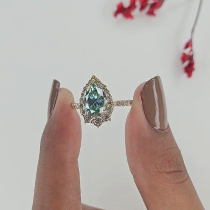 Blue Pear Cut Moissanite Diamond Halo Engagement Ring Vintage Inspired Pave Bridal Ring Unique Anniversary Ring for Women