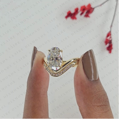 Curved Chevron Wedding Band Set with Elongated Oval Cut Lab Grown Diamond Ring | Vintage V-Shaped Bridal Set | Unique Anniversary Ring for Women