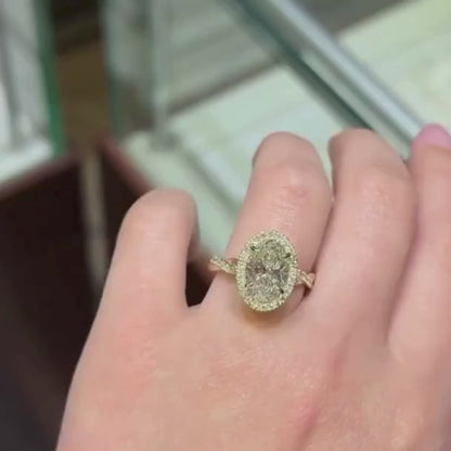 Classic Oval Cut Moissanite Diamond Halo Ring with Pave Band in Gold Ring