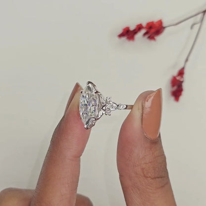 Marquise Cut Lab Grown Diamond Engagement Ring Nature Inspired Floral Ring Vintage Leaf Wedding Ring Unique Proposal Ring