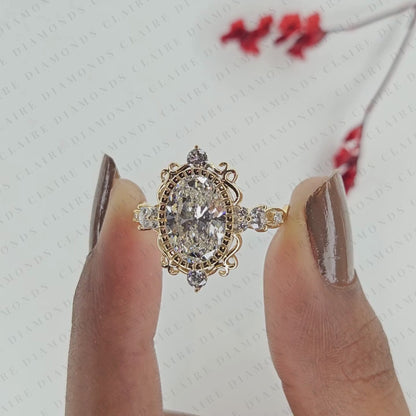 Oval Lab Grown Diamond Engagement Ring, Vintage Style Gold Wedding Ring, Art Deco Ring, Unique Anniversary Ring for Women