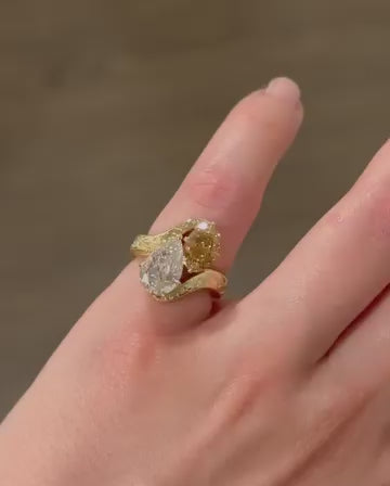3.50 TCW Pear And Brown Oval Toi Et Moi Moissanite Engagement Ring Engraved Band Gold Ring