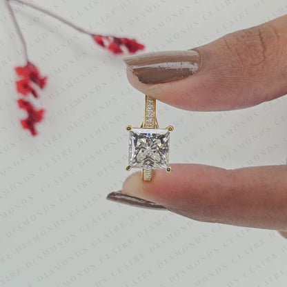 Princess Cut Lab Grown Diamond Engagement Ring | Classic Yellow Gold Ring Pave Band