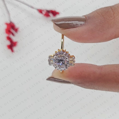 Round Cut Lab Grown Diamond Halo Engagement Ring Baguette Accent Vintage Inspired Bridal Ring Unique Luxury Jewelry