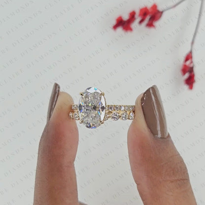 Oval Cut Moissanite Diamond Engagement Ring Hidden Halo with Matching Diamond Band Ring For Her