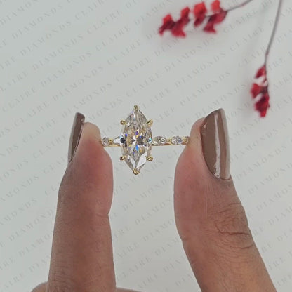 Marquise Cut Moissanite Diamond Engagement Ring Yellow Gold Side Stone Ring Anniversary Ring.