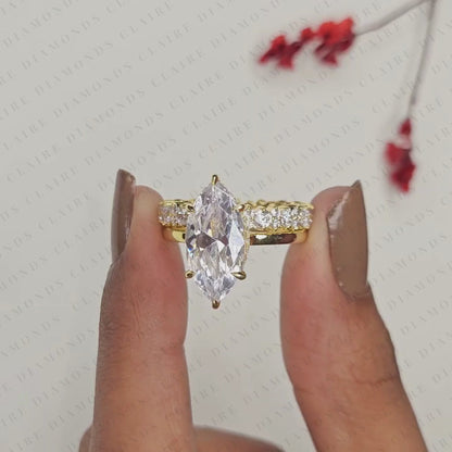 Marquise Cut Lab Grwon Diamond Engagement Ring Set with Eternity Wedding Band in 14K Yellow Gold