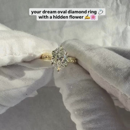 Oval Cut Moissanite Engagement Ring Tulip Set Gold Vintage inspired Ring