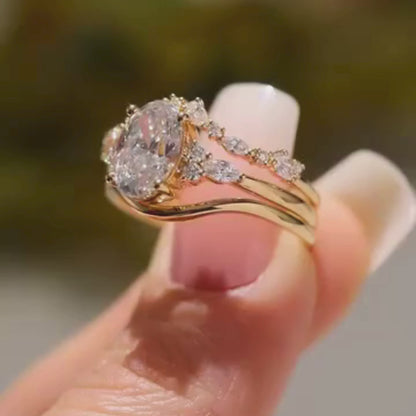 Oval Lab Grown Engagement Ring Set Gold Bridal Wedding Ring Set