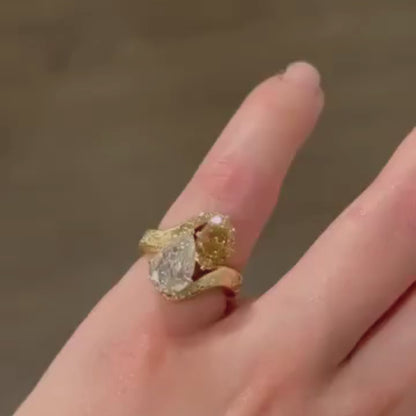 3.50 TCW Pear And Brown Oval Toi Et Moi Lab Grown Engagement Ring Engraved Band Gold Ring