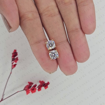 Cushion Cut Moissanite Diamond Stud Earrings, Double Stone Gold Earrings, Minimalist Bezel Set Diamond Studs, Modern Bridal Jewelry