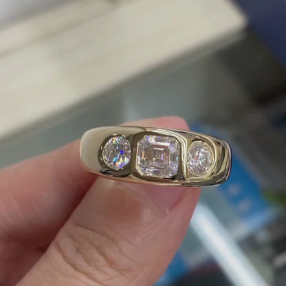 Luxury Three-Stone Asscher Cut Moissanite Diamond Gold Band Ring Minimal Modern Statement Ring