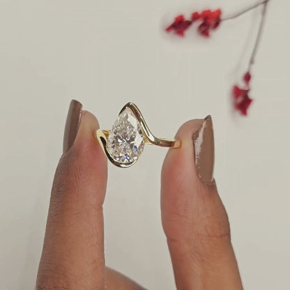 Pear Shape Lab Grown Diamond Hidden Halo Solitaire Ring with Contemporary Twist Setting