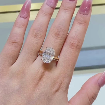 Oval Lab Grown Engagement Ring Set Distance Pave Band Set Gold Bridal Wedding Ring Set