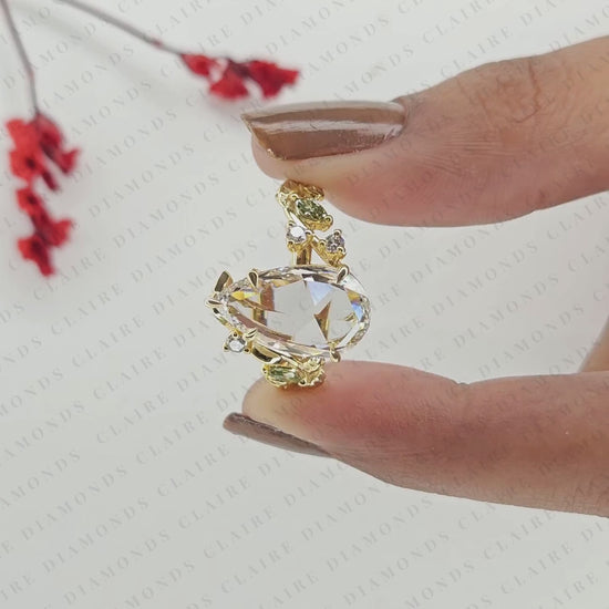 Pear Rose Cut Lab Grown Diamond Engagement Ring Green Marquise Side Stones Botanical Leaf Vine Gold Vintage Wedding Ring