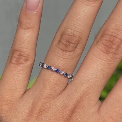 1.76 TCW Alternating Blue Sapphire & Diamond Lab Grown Eternity Band Elegant Gemstone Stackable Ring