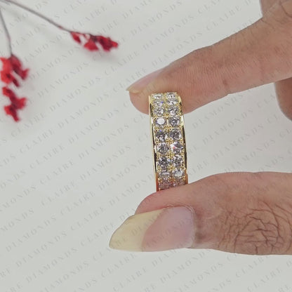 Round Cut Lab Grown Diamond Eternity Wedding Band | Double Row Pave Diamond Wedding Ring | Yellow Gold Full Eternity Anniversary Band | Luxury Jewelry