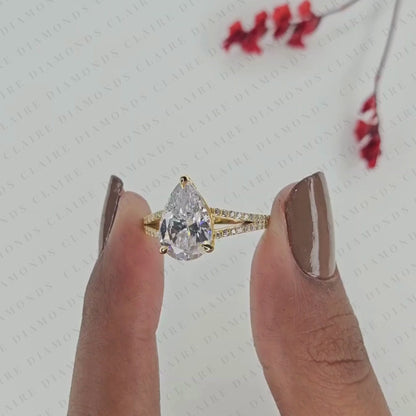 Pear Cut Moissanite Diamond Engagement Ring Split Shank Pave Diamond Ring Bridal Ring