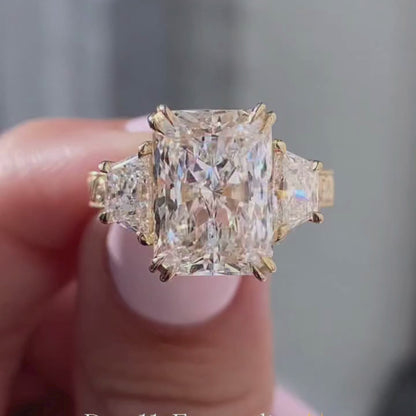 Radiant Moissanite Engagement Ring Three Stone Vintage Inspired Gold Wedding Ring