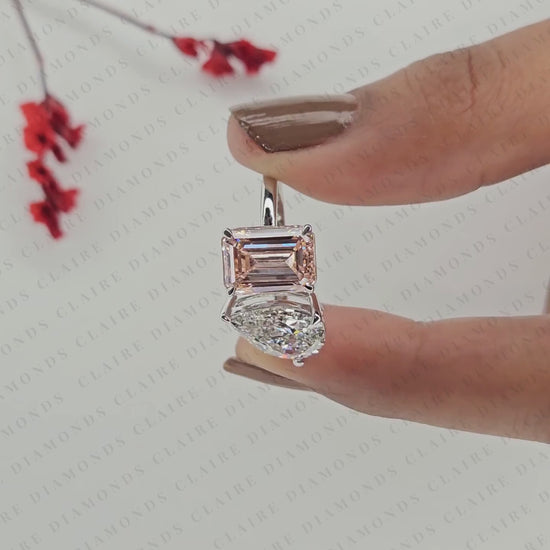 4.00 TCW Pear and Emerald Cut Toi et Moi Moissanite Diamond Ring | Two-Stone Modern Gold Engagement Ring | Unique Luxury Bridal Jewelry