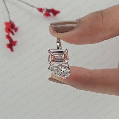 4.00 TCW Pear and Emerald Cut Toi et Moi Moissanite Diamond Ring | Two-Stone Modern Gold Engagement Ring | Unique Luxury Bridal Jewelry