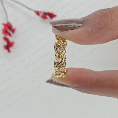 0.26 TCW Nature Inspired Round Cut Lab Grown Diamond Eternity Band, Floral Scroll Diamond Wedding Ring, Yellow Gold Botanical Anniversary Ring