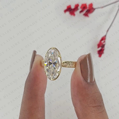 Vintage Long Oval Cut Lab Grown Diamond Engagement Ring Engraved  Solitaire Ring     Milgrain Bezel Bridal Ring Antique Inspired Wedding Ring