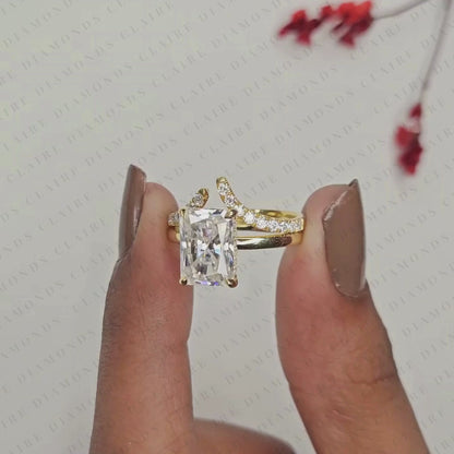 Radiant Cut Moissanite Diamond Bridal Ring Set | Matching Chevron Wedding Band Engagement Ring