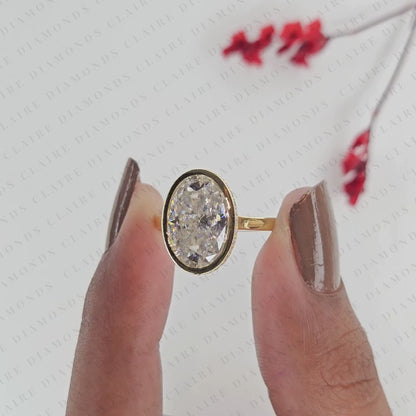 Oval Lab Grown Diamond Bezel Set Engagement Ring, Solitaire Gold Wedding Ring, Hidden Halo Ring, Minimalist Anniversary Ring
