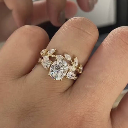 Oval Cut Floral Moissanite Engagement Ring Set Twisted Band Gold Wedding Bridal Set