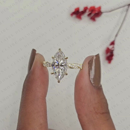 Vintage-Inspired Marquise Cut Lab Grown Diamond Engagement Ring in Gold – Twisted Pavé Band Solitaire Ring