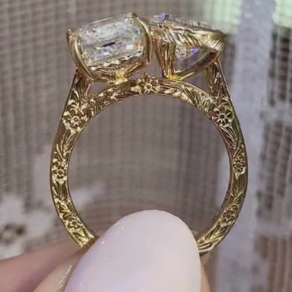 4.50 TCW Vintage Toi Et Moi  Emerald And Pear Moissanite Art Deco Engagement Ring Gold you And Me Ring