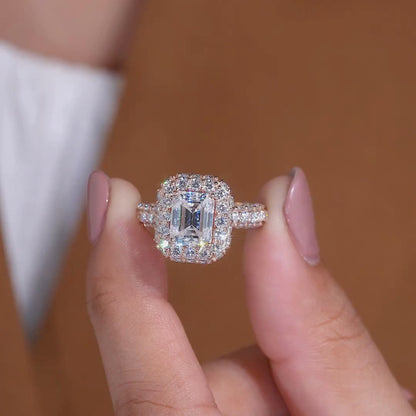 Luxury Vintage Emerald Cut Halo Lab Grown Diamond Engagement Ring with Pavé Band in Gold