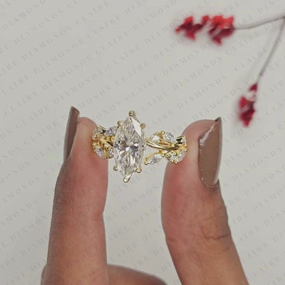 Marquise Cut Nature Inspired Lab Grown Diamonds Engagement Ring | Leaf Vine Lab Grown Diamond Ring in Gold | Floral Marquise Solitaire Ring | Vintage Botanical Bridal Jewelry