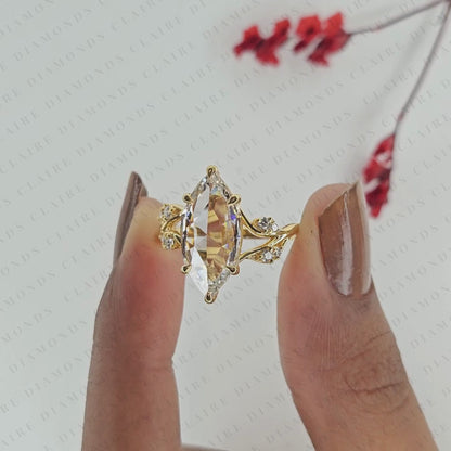 Rose Cut Marquise Lab Grown Diamond Ring, Nature Inspired Leaf Engagement Ring, Unique Ring