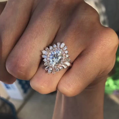 1.00 CT Starburst Oval Cut Moissanite Engagement Ring Halo Set Vintage Ring Rose Gold Wedding Ring Anniversary Ring Handmade Promise Ring