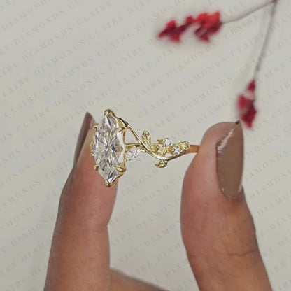 Nature Inspired Marquise Cut Moissanite Diamond Engagement Ring | Vintage Leaf Vine Ring