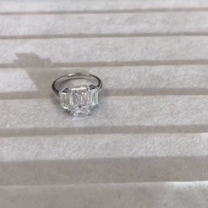 Emerald Cut Three Stone Lab Grown  Engagement Ring Trio Diamond Ring Gold Wedding Ring Past Present Future Ring Anniversary Ring