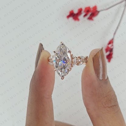 Marquise Cut Moissanite Diamond Engagement Ring with Twisted Vine Pave Band in Rose Gold, Hidden Halo Ring, Vintage Style Ring