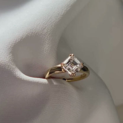 East West Asscher Cut Lab Grown Engagement Ring Double Claw Prong Gold Solitaire Ring Horizontal Ring Wedding Ring Promise Ring