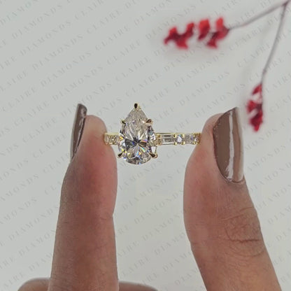 Pear Cut Lab Grown Diamond Engagement Ring Baguette & Round Accent Diamond Band Bridal Ring  Elegant Wedding Ring