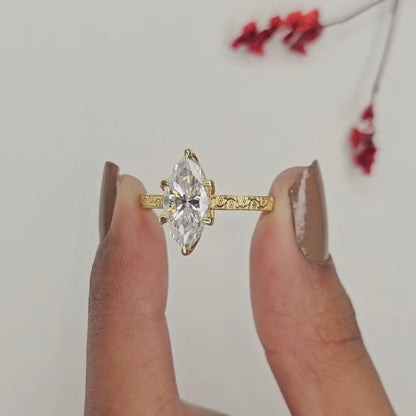 Marquise Cut Lab Grown Diamond Engagement Ring, Vintage Engraved Gold Solitaire Ring, IGI Certified Diamond Ring, Unique Bridal Jewelry