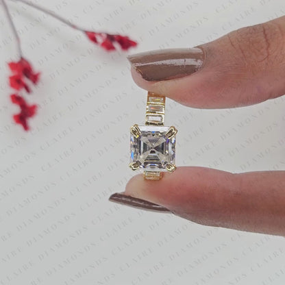 Asscher Cut Lab Diamond Engagement Ring with Baguette Accent Band In Gold.