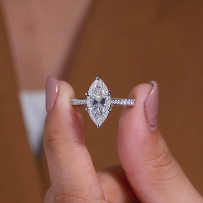 Elegant Marquise Cut Solitaire Lab Grown Diamond Engagement Ring with Sparkling Pavé Diamond Band for Timeless Luxury and Bridal Beauty