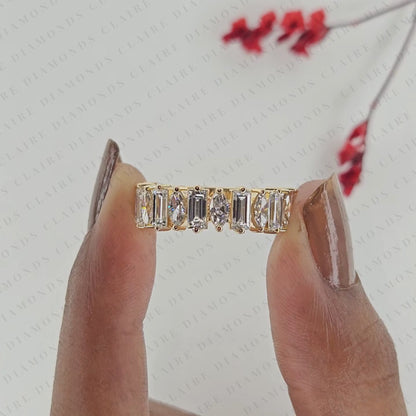 2.10 TCW Baguette & Marquise Lab Grown Diamond Half Eternity Band Ring, Alternating Wedding Anniversary Band