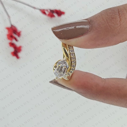 East-West Hexagon Cut Lab Grown Diamond Engagement Ring | Yellow Gold Bypass Pavé Band | Geometric Modern Bridal Ring Set | Unique Statement Jewelry