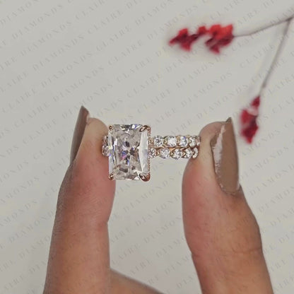 Radiant Cut Moissanite Diamond Engagement Ring Set with Pave Wedding Band in Rose Gold | Elegant Bridal Ring Set for Women