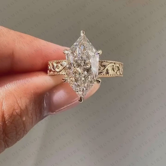 Dutch Marquise Cut Moissanite Diamond Engagement Solitaire Ring Vintage Engraved Gold Band Filigree Wedding Ring Luxury Bridal Jewelry