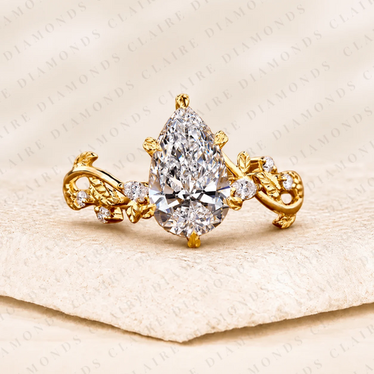 Pear Cut Lab Grown Diamond Engagement Ring Nature Inspired Gold Vine Ring Floral Vintage Wedding Ring Luxury Bridal Jewelry