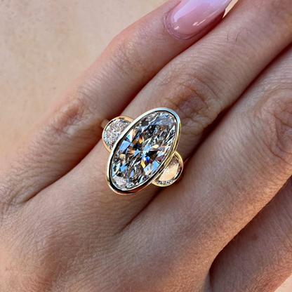 Bezel Set Elongated Oval Cut Engagement Ring Three Stone  Oval Lab Grown Ring  Past Present Future Ring Wedding Rings For Her
